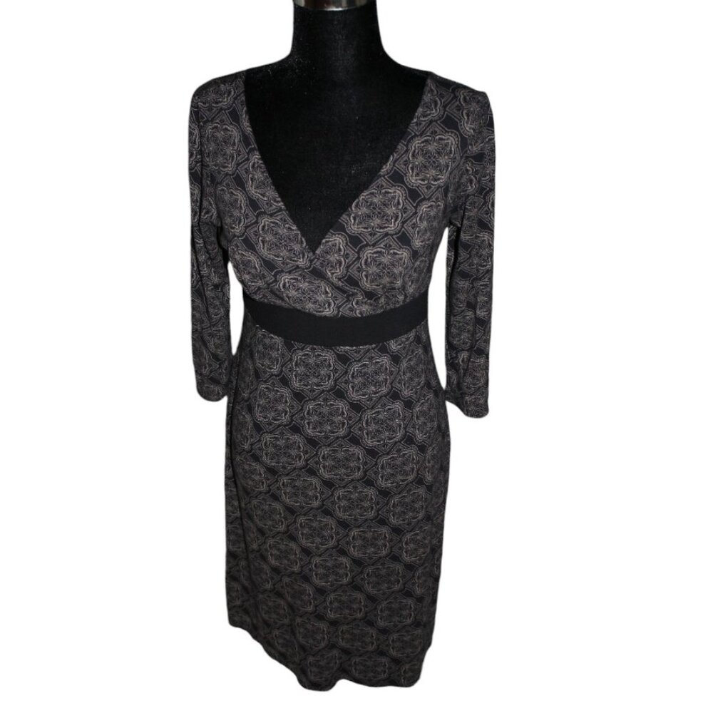 Ann Taylor Loft Black Damask Printed Wrap 3/4 Sleeve Dress Y2K Style Women's 4